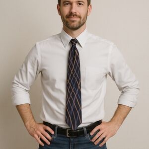 Hardy Amies London 100% Silk Tie Navy Multicolor Geometric Stripe Pattern